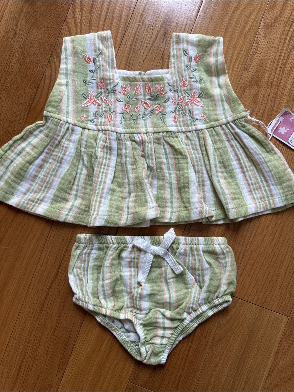 NWT Green Striped Embroidered Two-Piece Baby Set